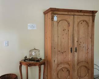 Vintage Pine Two Door Armoire, French Wood Carved Table, Antique Osborn MFG Bird Cage, Basket