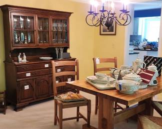 Villeroy & Boch Riviera Tea Pot, Villeroy & Boch Riviera Covered Bowl, Wood Trestle Table, Ladder Back Chairs with Rush Seats