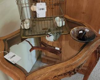 French Wood Carved Table, Antique Osborn MFG Bird Cage