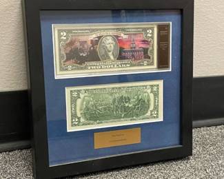Framed Declaration of Independence two dollar bill