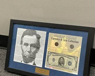 Framed Abraham Lincoln five dollar bill