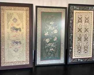ABS199 Three Framed Asian Embroidered Silk Art