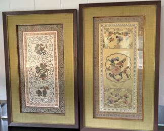 ABS198 Pair Of Framed Asian Embroidered Silk Fabric Art