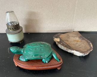 ABS294 Carved Stone Turtle, Small Oil Lamp & Petrified Wood 