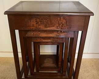 ABS181 Set Of Four Carved Wooden Asian Nesting Tables 