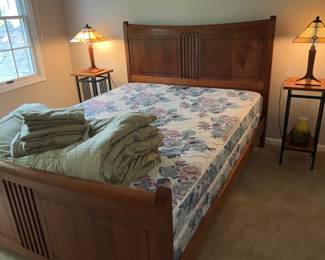 Queen, Stickley Bedframe, (Crack on Headboard). Charleston Forge, Side Tables. Stickley Lamps, Queen Size bedding 