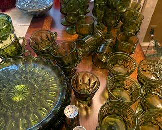 Complete Vintage Green glass dishes, salt and peppers fabulous thumbprint 