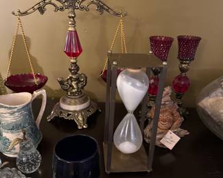 Vintage red glass scales and candle holders 