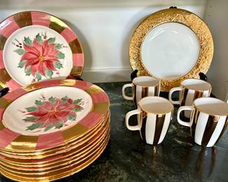 Laurie Gates  Pink Poinsettia Christmas Plates & Mugs 