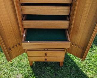 BUY IT NOW:  Danish Modern Teak Jewelry Cabinet by Fbj Mobler of Denmark.  Good Condition. Asking $200 or OBO. 