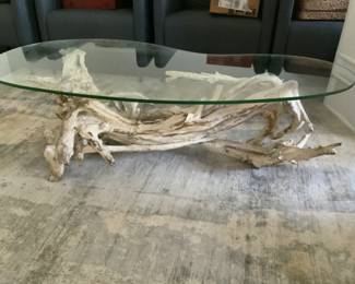 BUY IT NOW: Vintage driftwood coffee table. Measures 53L x 25.5W. Small chip in edge of glass.  Asking $120 or OBO.