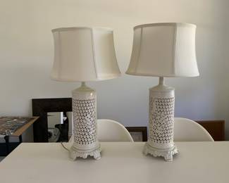 BUY IT NOW: 1970s Vtg Chinoiserie Hollywood Regency Blanc De Chine Pierced Porcelain Lamps.  Asking $100 or OBO.