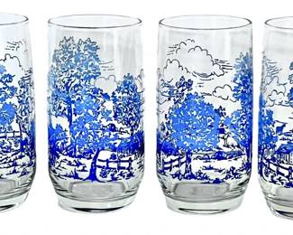 1980s Blue Country Scene Water Glasses