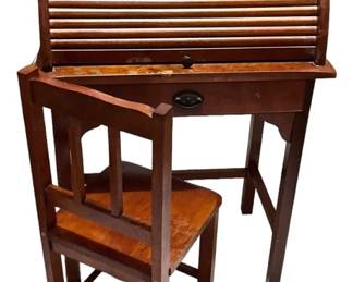Striking Wooden RollTop Childs Desk  Chair