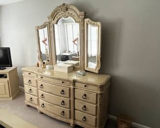 Laura Ashley Home Long Low Dresser with 3 Panel Mirror, measures 6' wide, 19" deep and 36.5" tall