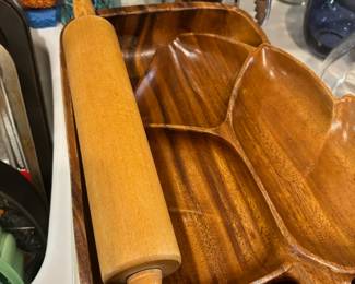 Carved Monkeypod Wood Divided Leaf Snack Platter, Carved Monkey Pod Rectangular Serving Bowl