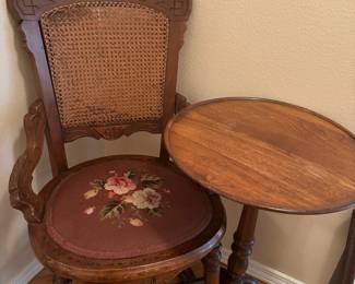 Cane Back Parlor Chair with Floral Needlepoint Seat, Edwardian Tripod Wine Table