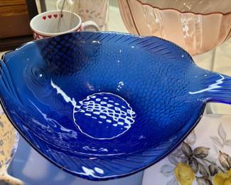 Cobalt Blue Glass Fish Shaped Serving Bowl 