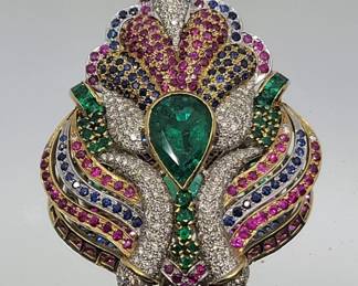 18K Emerald Sapphire Ruby Diamond Peacock Brooch
