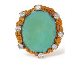 18K Gold, Cabochon Turquoise Diamond Ring