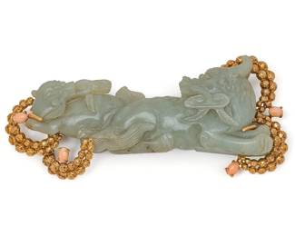 Vintage carved celadon jade dragon pendant set in 18k yellow gold