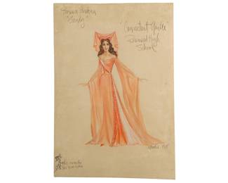 Signed and personalized fashion illustration by Bob Mackie, 1958, with personalized inscription to Vikki Carr that reads "Florence Cardona "Sandy" / Connecticut Yankee / Rosemead High School"
