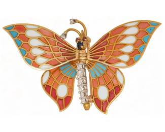 14K Plique a Jour Diamond Butterfly Brooch