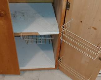 Nice butcher block cabinet with slide out cutting boards one side for knives one side for utensils opens up has nice storage and storage racks on the inside of the doors