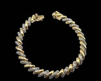 VINTAGE 80'S -90'S 925 STERLING  SILVER, 18 KT GOLD OVER TENNIS BRACELET WITH NATURAL DIAMONDS SIZE 7.5 