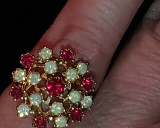 Vintage Ring Pinfire Opals and Ruby Swarovski Crystals 18k Gold Edwardian Style 
Size 6
