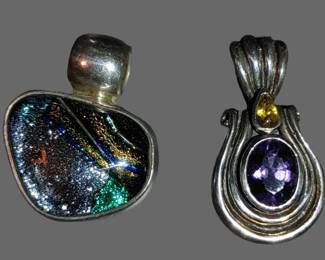 Left: 
Vintage 1980's Dichroic Glass .925 Sterling Silver handcrafted pendant Mexico  
Right: Vintage Hinge Clasp sterling silver amethyst & Citrine pendant