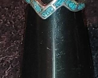 Vintage Navajo Native American Sterling Chip Inlay Turquoise Ring Size 5