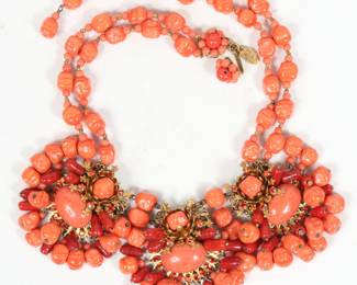 Miriam Haskell large orange coral and red art glass double stranded bib necklace with glass dangles.