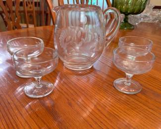 Thick clear glass pitcher 6"H and stemware with etched floral  pattern