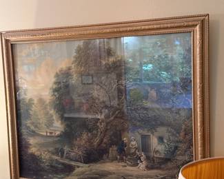 Large cottage landscape print with gold frame 25" x 32"