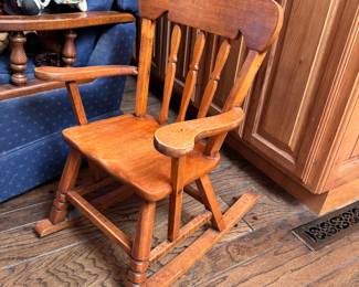 Vintage wood child's rocker, musical box to rail (that needs repair & may not be operational) 24"H x 23"W