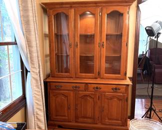 Lighted china cabinet, 2-piece, one glass shelf needs replaced 6'5"H x 52"W x 18"D