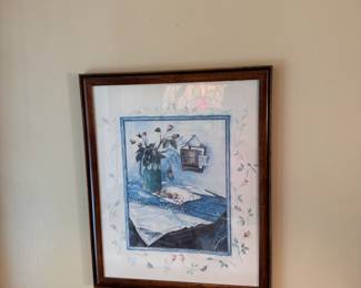 Diana Winkfield print of dining table with pitcher and fruit, letter-holder on wall 22" x 18"