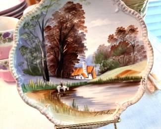 Hand-painted rural landscape, signed 8"