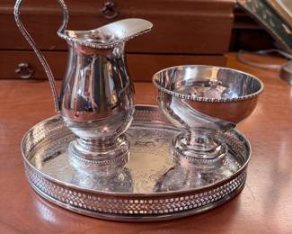 Silverplated creamer and open sugar with 8" tray