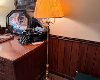 Brass color floor lamp, some wear to shade and lamp 58"H