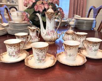 Elegant coffee 9"H, creamer & sugar with 6 demitasse cups and saucers, pink flowers with gold embellishments 