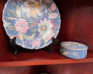 Blue floral ceramic trinket box and 10" plate