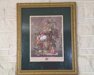 Large Rich Earlom floral mezzotint print with gold frame 34"H x 28"W