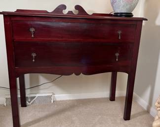 Server chest with cherry finish, drop drawer pulls, and 2 drawers, some wear 34"H x 40"W x 17"D