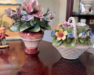 Two Capodimonte-style floral arrangements, both have a few chips tallest 7"H