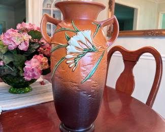 Roseville 1940's Freezia pattern double-handled vase, the front shows mild wear, back has a long crack, likely glue repaired 15"H