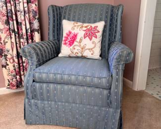 Wing back chair with blue floral stripe chair, some wear 36"H x 32"W
