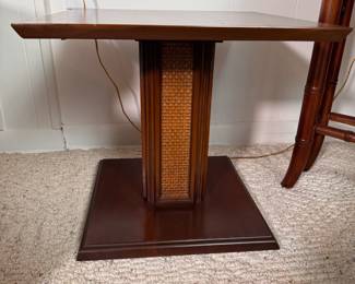 MCM square side table with cane-paneled pedestal, some wear 15"H x 18"W (This item is downstairs)