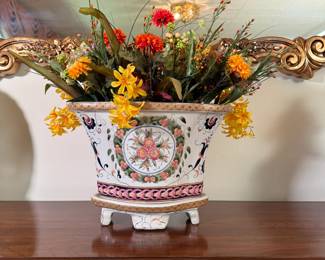 Oriental Accent large ceramic planter with floral arrangement, planter is  10"H x 14"W